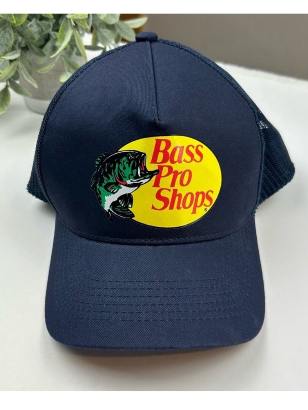 Bass Pro Shops Navy and Yellow Bass Logo Trucker Hat